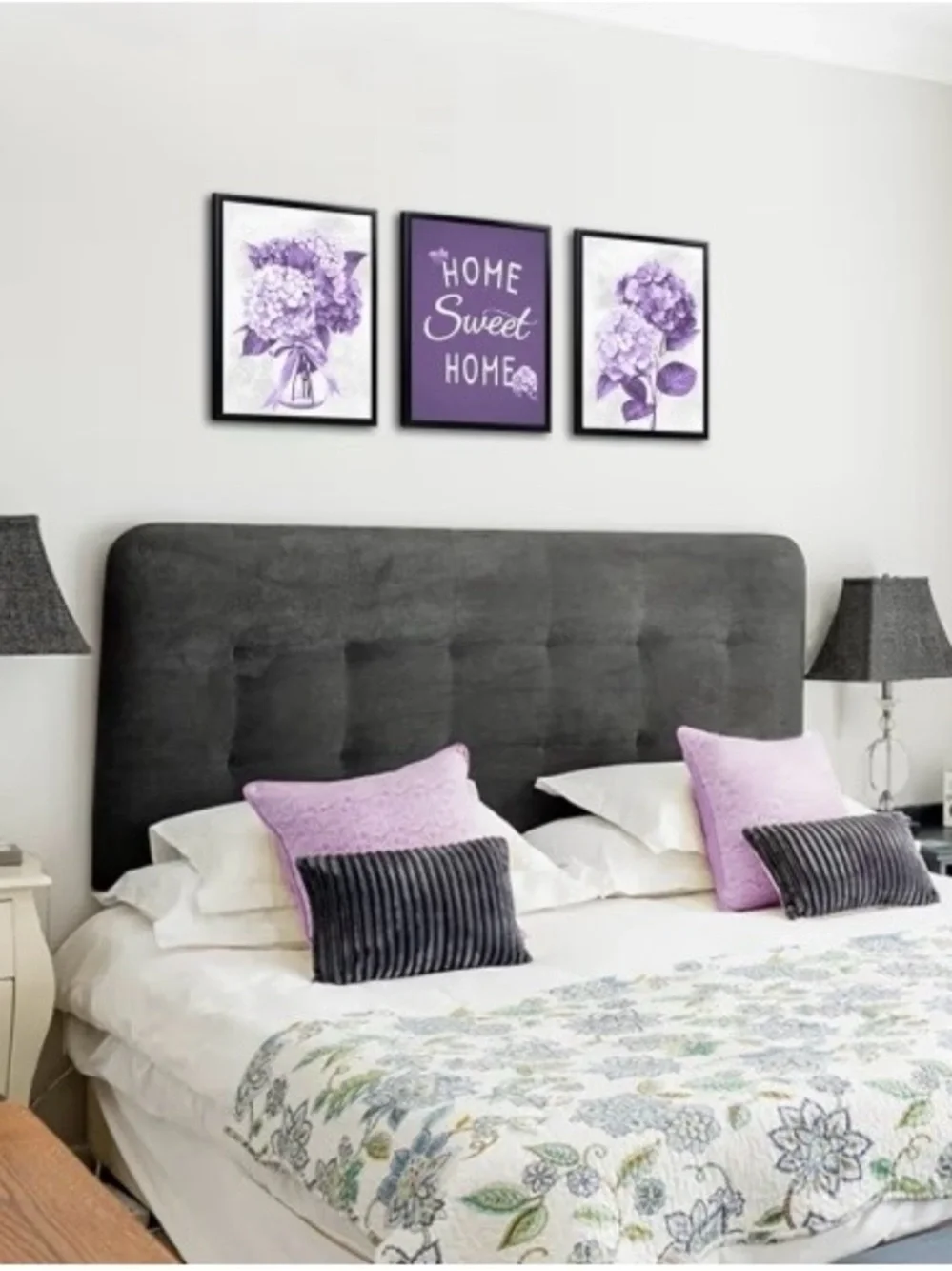 Purple Hydrangea Canvas Wall Art 3-Piece Set, Home Sweet Home Framed Picture NIB
